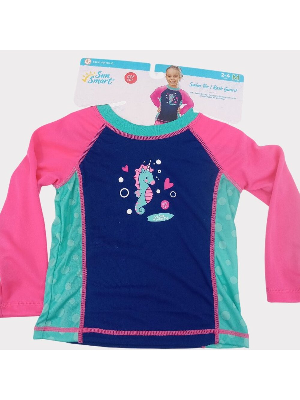 Sun Smart Swim Tee Rash Guard 2 to 4 Years UPF 50 Pink Blue Unicorn Aqua